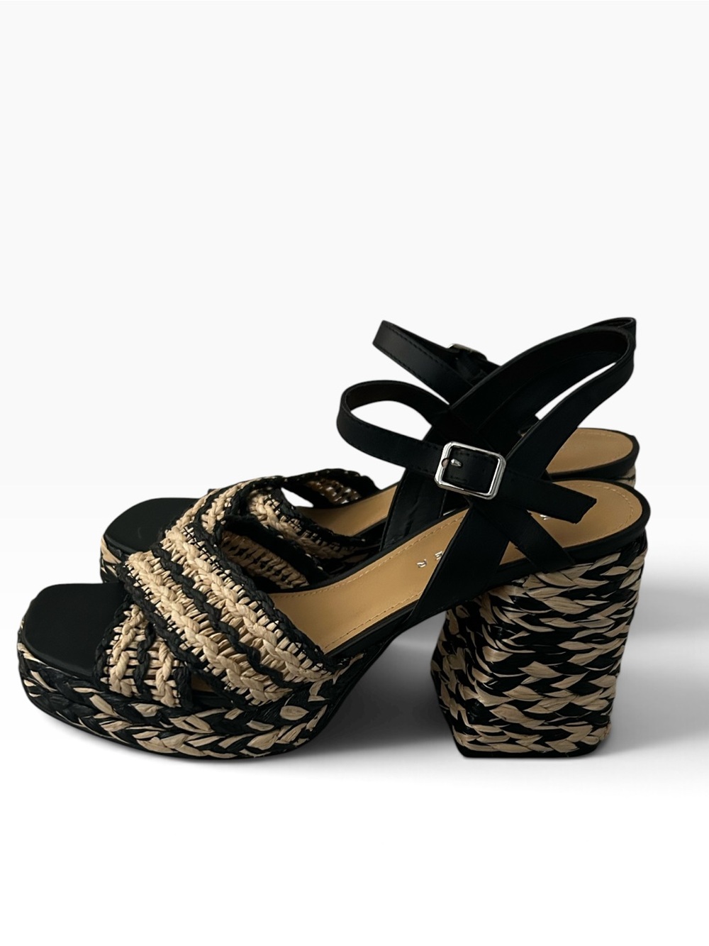 Marc Fisher Juliey Woven Raffia Platform Heeled Sandals Black/Natural Size 9.5
